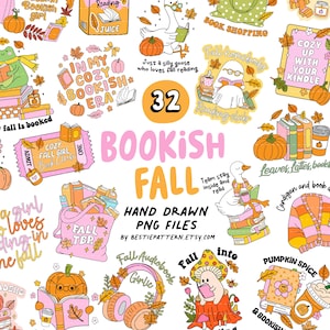 Op de afbeelding: Een verzameling digitale afbeeldingen met een herfstthema en een boekenachtig thema. De illustraties bevatten pompoenen, boeken, ganzen en gezellige herfstelementen. De tekst bevat "Bookish Fall" en "Hand Drawn PNG Files".