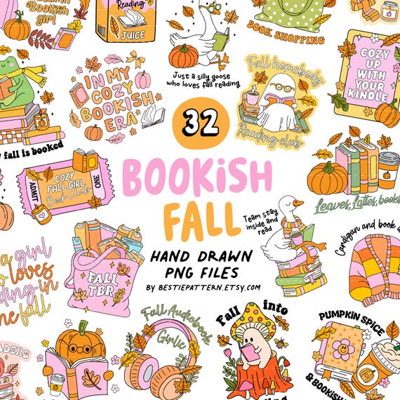 Bookish Fall PNG Bundle Fall Bookish Cozy Stickers Sublimation Bookish Fall Clipart Autumn Retro Thanksgiving Book Lover PNG Reading Retreat