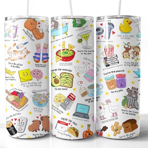 Paires drôles de conception d'emballage de gobelet PNG sans couture enfants sublimation drôle numérique 20 oz nourriture amour citations dessins Saint Valentin mignon bestie ringard