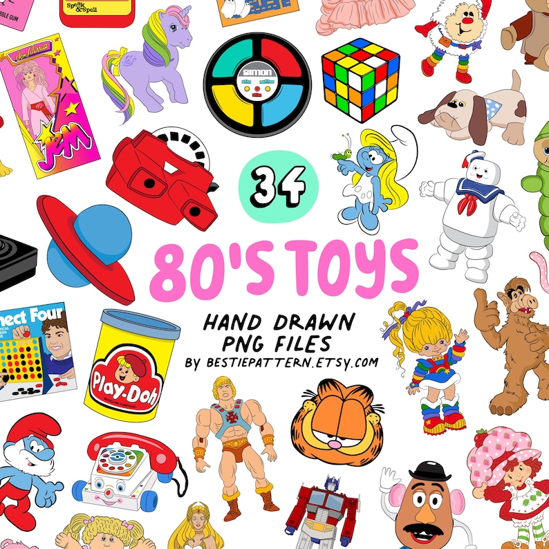 Puede incluir: Una colecci&oacute;n de 34 ilustraciones dibujadas a mano de juguetes populares de los a&ntilde;os 80, incluyendo un Cubo de Rubik, un My Little Pony, un Care Bear, una mu&ntilde;eca Cabbage Patch Kid, un Pitufo, un fantasma de Cazafantasmas, una figura de acci&oacute;n de He-Man, un robot Transformers, un Mr. Potato Head, un contenedor de Play-Doh, un juego de Conecta 4, un View-Master, un tel&eacute;fono vintage, un juego de Simon, una mu&ntilde;eca Strawberry Shortcake, un personaje de dibujos animados de Garfield y una consola de videojuegos vintage.