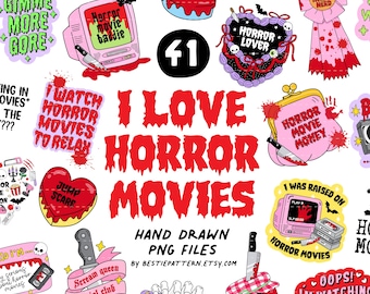 Horror Movie PNG Bundle digital files and Halloween designs, stickers sublimation, 80s Horror,  90s Horror, VHS, Retro and Aesthetic