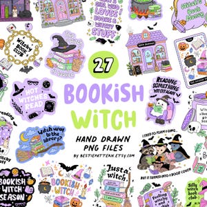 May include: A collection of 27 digital stickers featuring witchy and book-themed illustrations, including a bookstore, a ghost reading, animals with hats, cauldrons, and text such as "Witchy Book Club" and "Bookish Witch" in various colors.