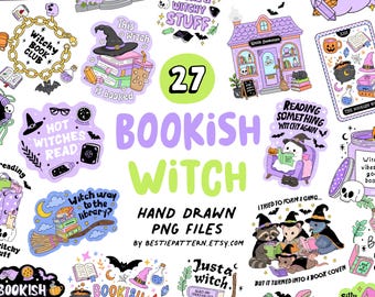 Bookish Witch PNG bundle, clipart and digital files for spooky stickers and witchy Halloween sublimation