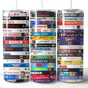Design d'emballage de gobelet VHS film des années 80 PNG gobelet sans couture des années 80 gobelet vidéo des années 80 sublimation téléchargement numérique 20 oz gobelet Films des années 80