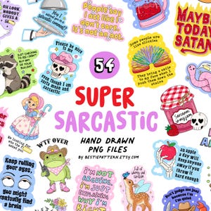 Puede incluir: Una colección de 54 pegatinas digitales con ilustraciones coloridas y textos sarcásticos. Los diseños incluyen un mapache, una calavera con sombrero de vaquero, una rana, un ciervo, un tarro de mermelada y varias frases humorísticas como Super Sarcastic.