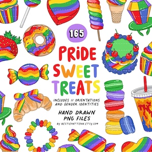 Pode incluir: Uma coleção digital de 165 doces Pride desenhados à mão em formato PNG, com ilustrações coloridas de cupcakes, donuts, doces, bolos, macarons e croissants com padrões de arco-íris e o texto Pride Sweet Treats.