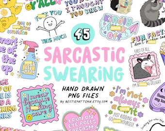 May include: A collection of hand-drawn PNG files with sarcastic and swearing-themed designs. The image features various illustrations, including a Care Bear, a raccoon, and text like "Sarcastic Swearing" and "I swear because I fucking care."