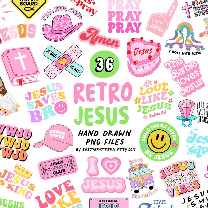 Puede incluir: Una colecci&oacute;n de pegatinas retro de colores con temas cristianos. Las pegatinas presentan frases como "Jes&uacute;s Salva Bro", "Amar como Jes&uacute;s" y "Vibes de Jes&uacute;s".