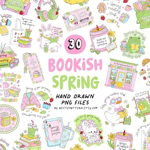 Op de afbeelding: Een digitale illustratie met een lente- en boeken thema, met diverse handgetekende PNG-bestanden. De afbeelding bevat illustraties van boeken, leesaccessoires en lente-gerelateerde items in pastelkleuren. Tekst bevat "Bookish Spring" en "Hand Drawn PNG Files".