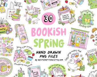 Bookish Spring PNG Bundle Spring files and Clipart for designs, stickers sublimation Retro Book Lover Pastel Bookmark Reader png flowers