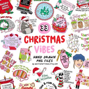 Puede incluir: Una colección de archivos PNG con temática navideña dibujados a mano. La imagen presenta varias ilustraciones, incluyendo un pastel, zarigüeyas y una calavera, junto con frases como "Christmas Vibes".