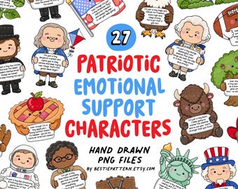 Patriotic Emotional Support Characters PNG Bundle, USA 250th Anniversary, America 250, clipart, stickers, patriotic, 4th July, kids, DIY