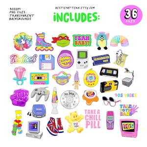 May include: A set of 36 digital clipart images featuring 90s nostalgia themes. The images include a variety of popular 90s items such as a cassette tape, a Tamagotchi, a Game Boy, a lava lamp, a Care Bear, a pair of platform shoes, a boombox, a Slinky, a pair of sunglasses, a Troll doll, a Teenage Mutant Ninja Turtle, a  'Take a Chill Pill' sticker, a 'Talk to the Hand' sticker, and a '90s' sticker.