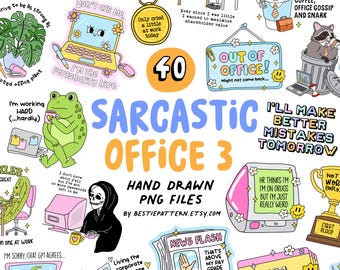 May include: A collection of 40 hand-drawn PNG files with a sarcastic office theme. The image features various illustrations, including a laptop with a flower design, a frog drinking coffee, and the text "I'll make better mistakes tomorrow."