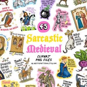 Può includere: Una collezione di 45 adesivi digitali con illustrazioni a tema medievale e testi umoristici. Le grafiche includono cavalieri, draghi, reali e creature mitiche con didascalie come Sarcastic Medieval, Girl Dinner e Honk.