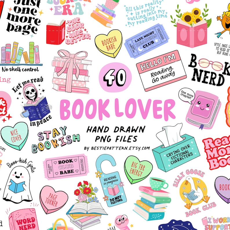 May include: A collection of colorful book-themed stickers and graphics. The design includes stacks of books, hearts, ticket stubs, and phrases like "Book Lover" and "Stay Bookish." The image is a vibrant assortment of hand-drawn PNG files.