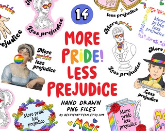 More Pride Less Prejudice PNG Bundle, Gay Bookish Pride clipart for designs, stickers sublimation, LGBTQ, queer, Jane Austen