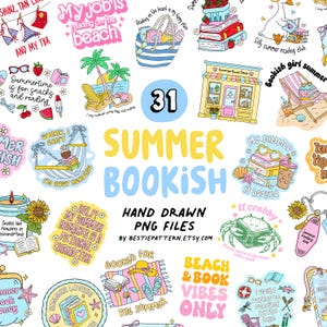 May include: A collection of colorful, hand-drawn summer-themed stickers with text like "Summer Bookish" and "Beach & Book Vibes Only." Designs include books, beach scenes, and reading-related quotes. The number "31" is also featured.