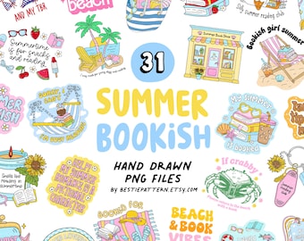 Bookish Summer PNG Bundle Summer digital files and Clipart for designs, stickers sublimation Retro Book Lover Pastel Bookmark Reader