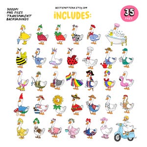May include: A set of 35 digital clipart images featuring a variety of geese dressed in different costumes. The geese are depicted in various poses and with different accessories, such as a chef's hat, a bee costume, a sunflower, and a rainbow flag. The images are perfect for use in digital scrapbooking, card making, and other creative projects.