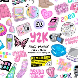 Bundle Bundle Clipart PNG Sublimation Designs des années 2000 Millenium Flip Phone Decor Retro Computer Stickers dessinés à la main Pink Party Citations Set