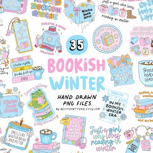 May include: A collection of winter-themed digital PNG files with a bookish theme. The design includes illustrations of books, mugs, sweaters, and phrases like "Winter Book Lover" and "Bookish Winter". The color palette is pastel with pink, blue, and yellow.