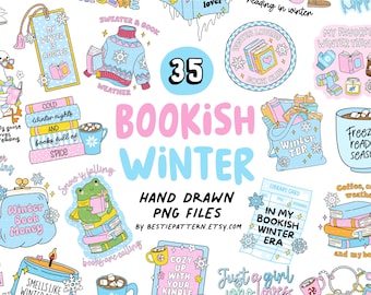 Paquete PNG de invierno de libros, diseños de libros de otoño e invierno, pegatinas acogedoras, imágenes prediseñadas de sublimación, retro, amante de los libros, pastel, Navidad, PNG, marcador divertido