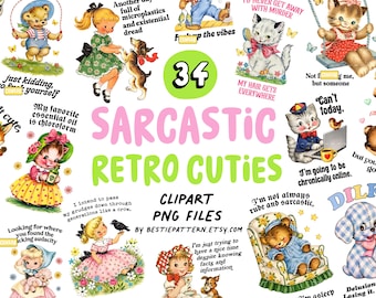 Sarcastic Retro Cuties bundle, kitsch vintage illustrated clipart and digital files for stickers and sublimation, animals, snarky