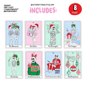 May include: Eight digital illustrations of skeletons in various Christmas-themed scenarios. The illustrations are in a cartoon style and feature skeletons wearing Santa hats, elf hats, and reindeer antlers. The illustrations are labeled with titles such as "The Romantic", "The Gifter", "The Entangled", "The Wrapper", "The Drinker", "The Christmas Lover", "The Christmas Movie Addict", and "The Ornaments".