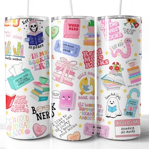 Envoltura de vaso para amantes de los libros, diseño PNG, envoltura de vaso sin costuras para amantes de los libros, vaso divertido para sublimación, vaso digital de 20 oz, era de los libros, libro femenino