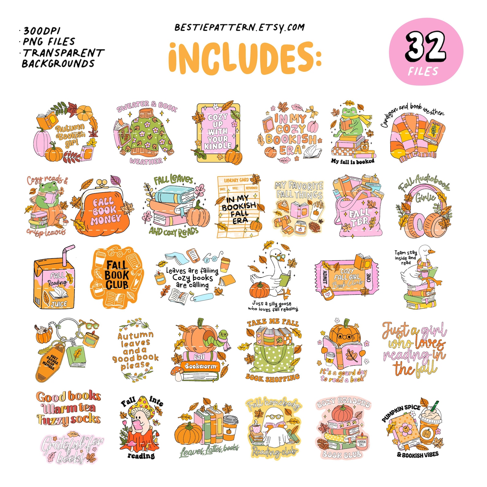 Bookish Fall PNG Bundle Fall Bookish Cozy Stickers Sublimation Bookish ...