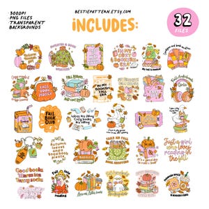 May include: A collection of 32 fall-themed digital files with various illustrations. The images include pumpkins, books, cozy sweaters, and phrases like "Fall Book Club" and "Cozy Up With Your Kindle." The color palette features warm oranges, pinks, and greens.