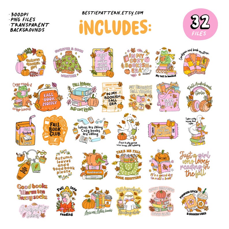 May include: A collection of 32 fall-themed digital files with various illustrations. The images include pumpkins, books, cozy sweaters, and phrases like "Fall Book Club" and "Cozy Up With Your Kindle." The color palette features warm oranges, pinks, and greens.