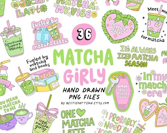 Matcha PNG Bundle Coffee Quotes Sayings Sublimation Coffee Clipart Cute Matcha Iced Coffee Sticker Funny Coffee Coquette Girlie Girly Design