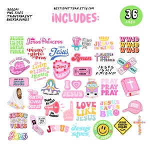 Puede incluir: Un conjunto de 36 pegatinas digitales con varios dise&ntilde;os con un tema cristiano. Las pegatinas presentan frases como "Jes&uacute;s es mi superpoder", "Jes&uacute;s es Rey", "WWJD", "Amar como Jes&uacute;s" y "Jes&uacute;s salva". Las pegatinas son de varios colores, incluyendo rosa, azul, amarillo y verde.