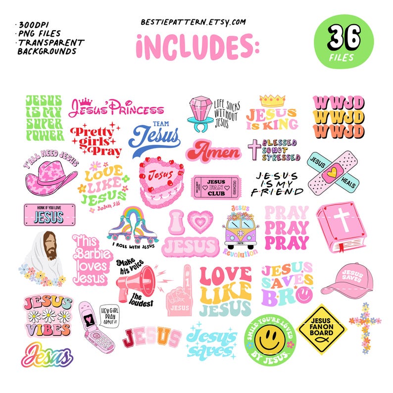 Puede incluir: Un conjunto de 36 pegatinas digitales con varios dise&ntilde;os con un tema cristiano. Las pegatinas presentan frases como "Jes&uacute;s es mi superpoder", "Jes&uacute;s es Rey", "WWJD", "Amar como Jes&uacute;s" y "Jes&uacute;s salva". Las pegatinas son de varios colores, incluyendo rosa, azul, amarillo y verde.