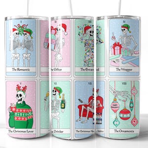 May include: A set of eight illustrated Christmas-themed cards featuring skeletons in various holiday scenarios. The cards are printed on a white background with a light blue border and are numbered I through VIII. The cards are titled "The Romantic", "The Gifter", "The Entangled", "The Wrapper", "The Christmas Lover", "The Drinker", "The Christmas Movie Addict", and "The Ornaments".