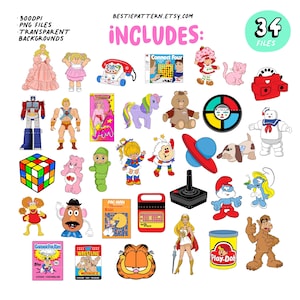 Puede incluir: Un conjunto de 34 im&aacute;genes de clipart digital que presentan juguetes y personajes retro de la d&eacute;cada de 1980. Las im&aacute;genes incluyen un Care Bear, un Care Bear Cousin, un Cabbage Patch Kid, un Pitufo, un My Little Pony, una mu&ntilde;eca Strawberry Shortcake, un Mr. Potato Head, un Pac-Man, un juego Connect Four, un cubo de Rubik, un personaje de Ghostbusters, un Transformer, un personaje de He-Man, una figura de lucha libre, un personaje de Garfield, un contenedor de Play-Doh, una consola de videojuegos vintage, un tel&eacute;fono vintage, un View-Master vintage, un juguete vintage y m&aacute;s.