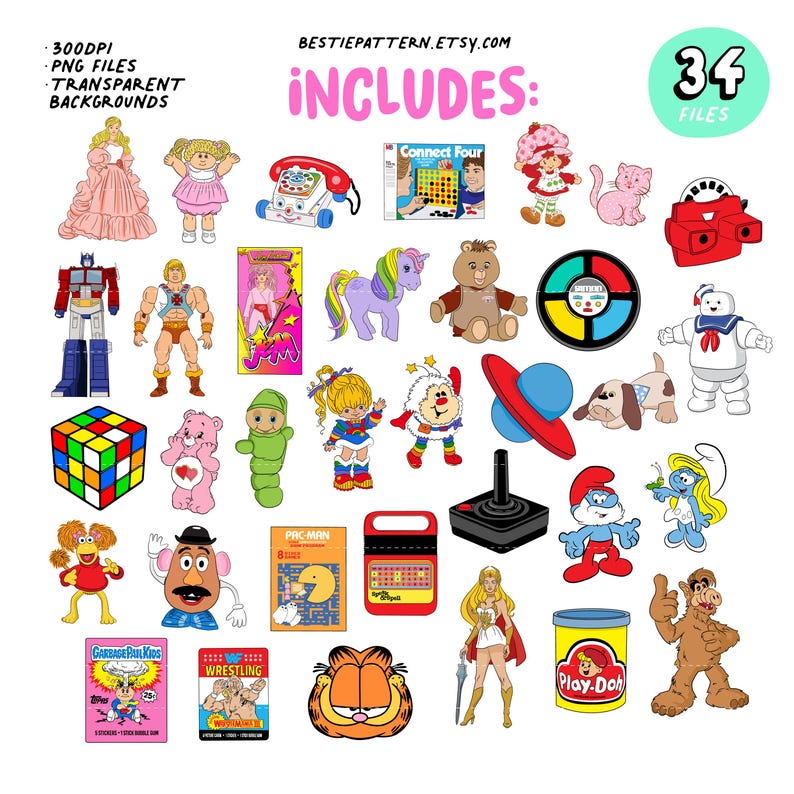 Puede incluir: Un conjunto de 34 im&aacute;genes de clipart digital que presentan juguetes y personajes retro de la d&eacute;cada de 1980. Las im&aacute;genes incluyen un Care Bear, un Care Bear Cousin, un Cabbage Patch Kid, un Pitufo, un My Little Pony, una mu&ntilde;eca Strawberry Shortcake, un Mr. Potato Head, un Pac-Man, un juego Connect Four, un cubo de Rubik, un personaje de Ghostbusters, un Transformer, un personaje de He-Man, una figura de lucha libre, un personaje de Garfield, un contenedor de Play-Doh, una consola de videojuegos vintage, un tel&eacute;fono vintage, un View-Master vintage, un juguete vintage y m&aacute;s.
