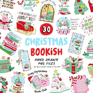 Puede incluir: Un conjunto de gráficos digitales con temática navideña y de libros. La imagen presenta varias ilustraciones de libros, bolas de nieve, tazas y textos festivos como "Christmas Bookish" y "Sleighing My TBR". La paleta de colores incluye rojo, verde y rosa.