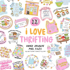 以下が含まれることがあります： 「I Love Thrifting」をテーマにした、手描きのカラフルなPNGファイルのコレクション。画像には、古着屋で見つけたもの、ショッピングカート、そして「thrift store」や「Found Treasures Thrift Club」などのテキストのステッカーが含まれています。