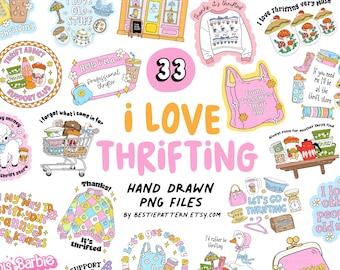 Thrifting PNG Bundle Thrift store digital files and Clipart for designs, stickers sublimation retro Thrifting quotes with 90s goose, raccoon