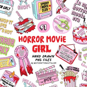 Puede incluir: Una colección de ilustraciones rosas y rojas con temática de terror, que incluyen un televisor, cintas VHS, un pastel y una motosierra. El texto "HORROR MOVIE GIRL" se muestra de forma destacada, junto con otras frases como "Spooky Movie Club" y "Final Girl Energy".