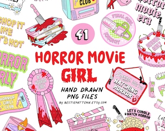 May include: A collection of pink and red horror-themed illustrations, including a TV, VHS tapes, a cake, and a chainsaw. The text "HORROR MOVIE GIRL" is prominently displayed, along with other phrases like "Spooky Movie Club" and "Final Girl Energy."