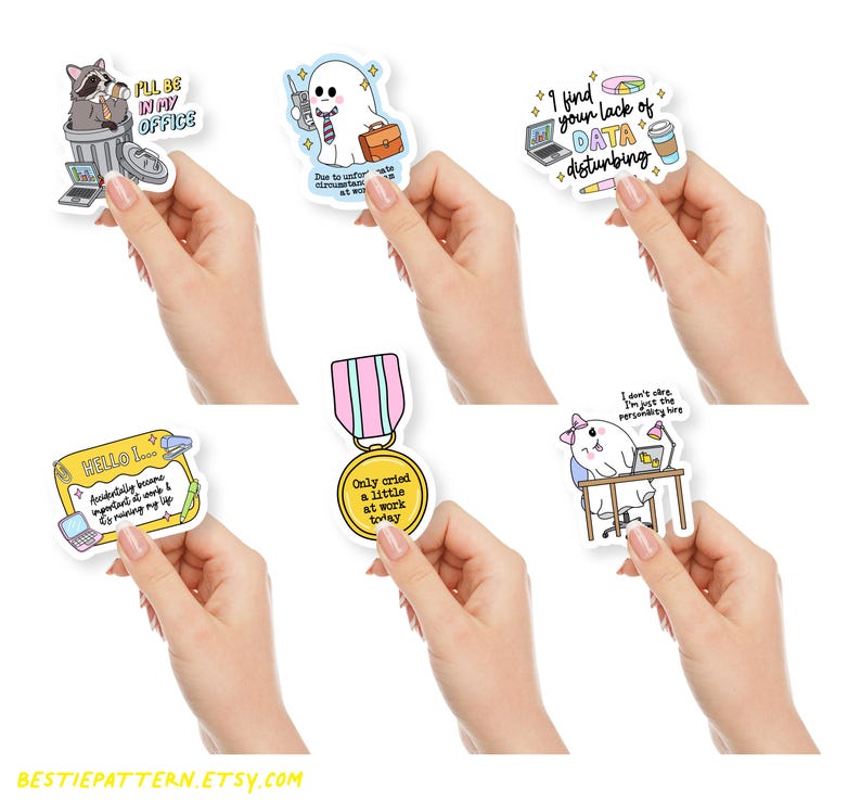 May include: A collection of six stickers with humorous office-themed designs. The stickers feature illustrations of a raccoon, a ghost, and other characters, along with text like "I'll be in my office" and "I find your lack of data disturbing."
