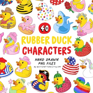 以下が含まれることがあります： 様々なデザインの40個の手描きのラバーダックキャラクターのコレクション。サメ、蜂、カウボーイ、海賊など、さまざまな衣装やスタイルで描かれています。「RUBBER DUCK CHARACTERS」というテキストが黄色と赤で表示されています。