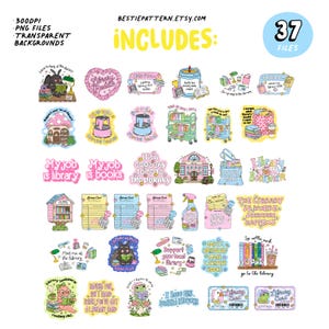 May include: A collection of 37 PNG files with transparent backgrounds, featuring library-themed illustrations. The designs include phrases like "My job is library," "Library Bookworm," and "Support your local library." The color palette is pastel with pink, blue, and yellow.