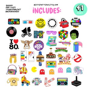 May include: A set of 41 digital clipart images featuring retro 80s icons, including a game over sign, a cassette tape, a Rubik's Cube, a ghost, a Pac-Man, a boombox, a Polaroid camera, a pizza slice, a phone, roller skates, and more. The images are in a variety of colours and styles.