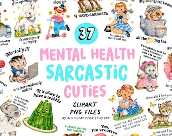 Sarcastic Mental Health Cuties bundle, kitsch retro clipart and digital files for stickers and sublimation, animals, anxiety