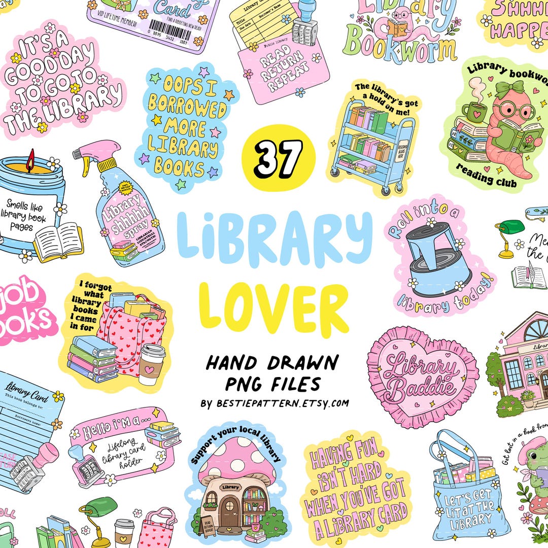 Library Lover PNG Bundle digital files and Clipart for designs, stickers sublimation Retro